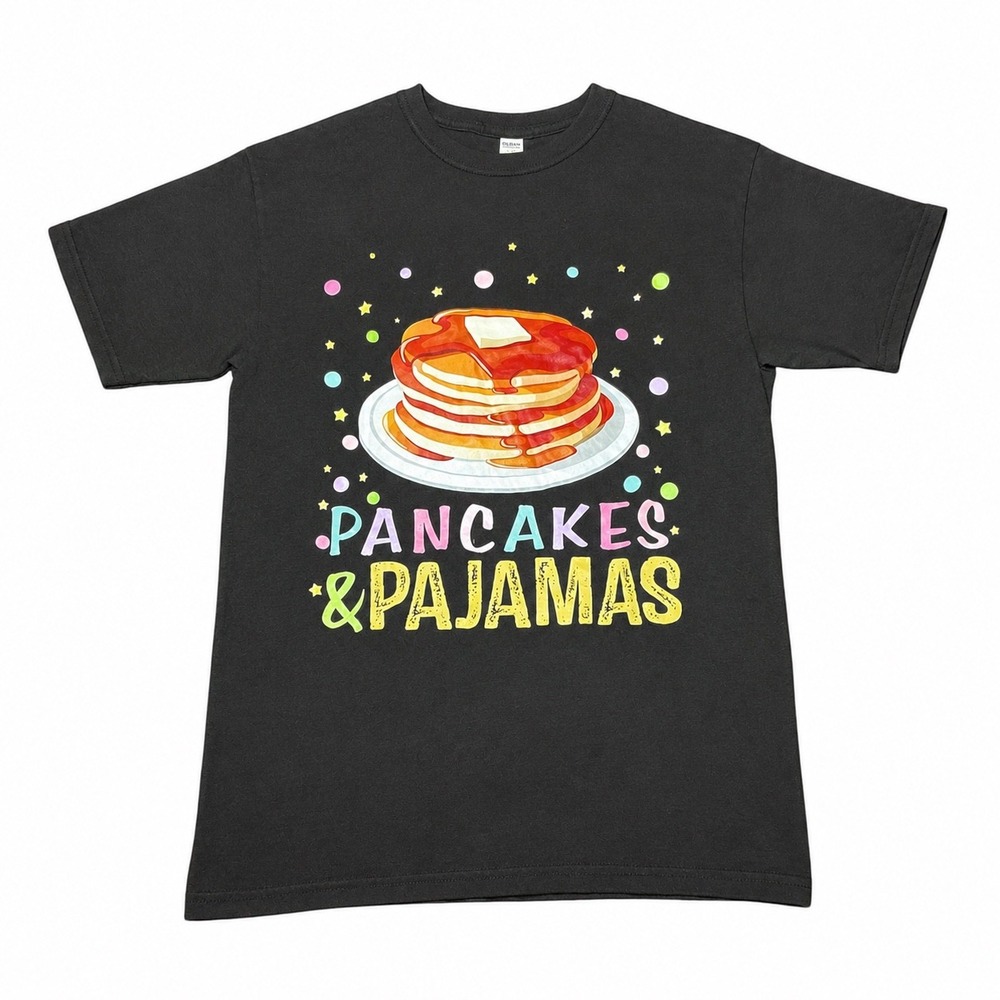 Gildan Pancakes & Pajamas Graphic T-Shirt Black Cotton Short Sleeve Mens Medium